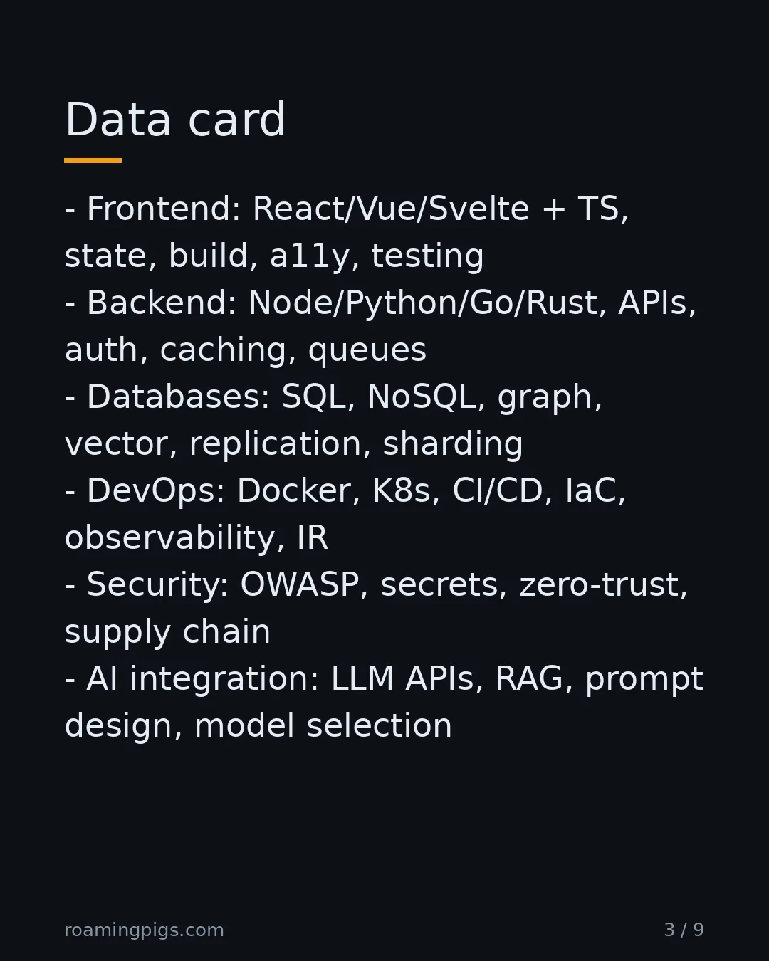 Slide 3 of 9: Data card. Frontend: React/Vue/Svelte + TS, state, build, a11y, testing Backend: Node/Python/Go/Rust, APIs, auth, caching, queues…