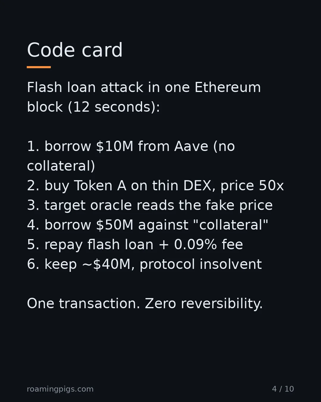 Slide 4 of 10: Code card. Flash loan attack in one Ethereum block (12 seconds): 1. borrow $10M from Aave (no collateral) 2. buy Token A on thin DEX, price…