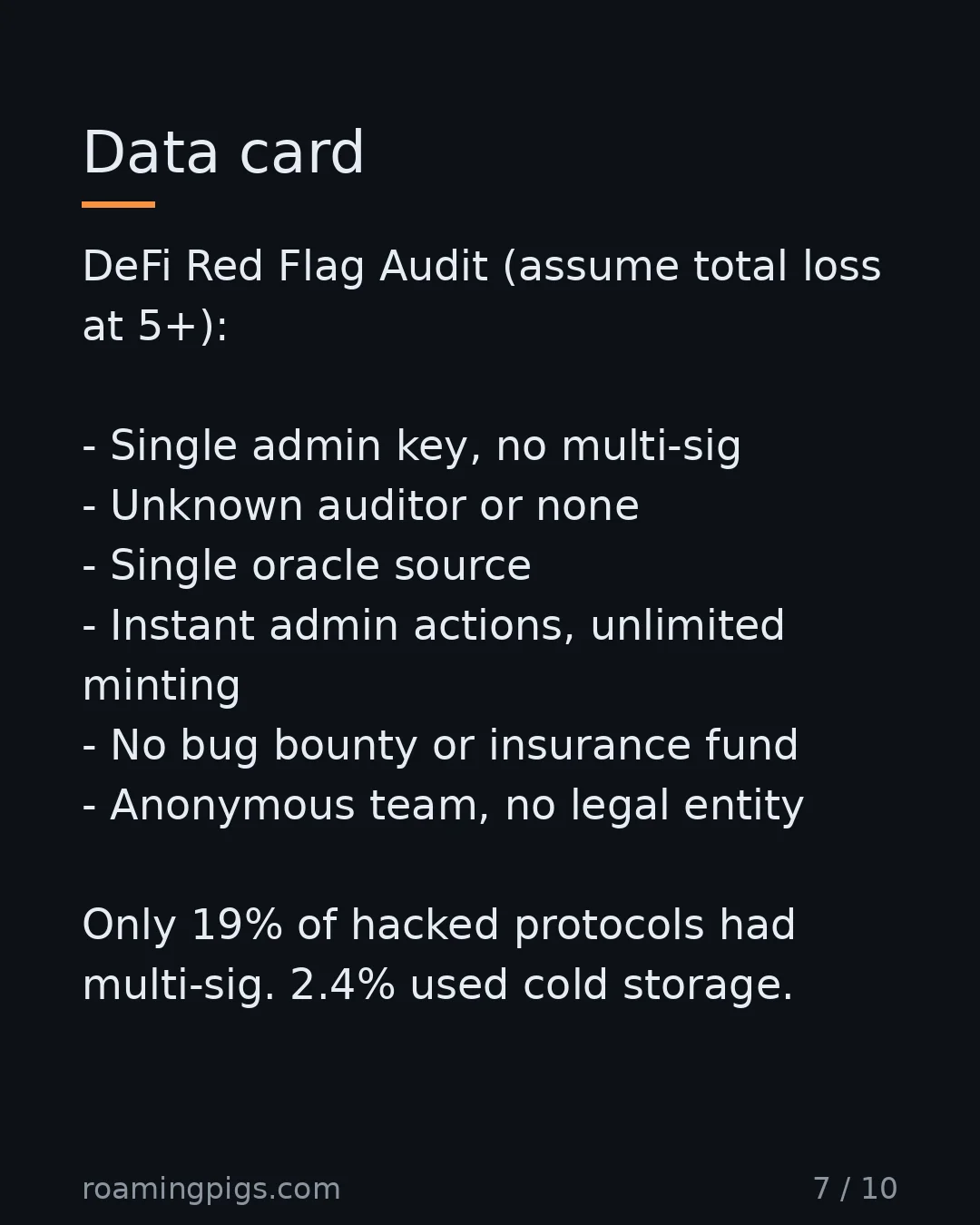 Slide 7 of 10: Data card. DeFi Red Flag Audit (assume total loss at 5+): Single admin key, no multi-sig Unknown auditor or none Single oracle source…
