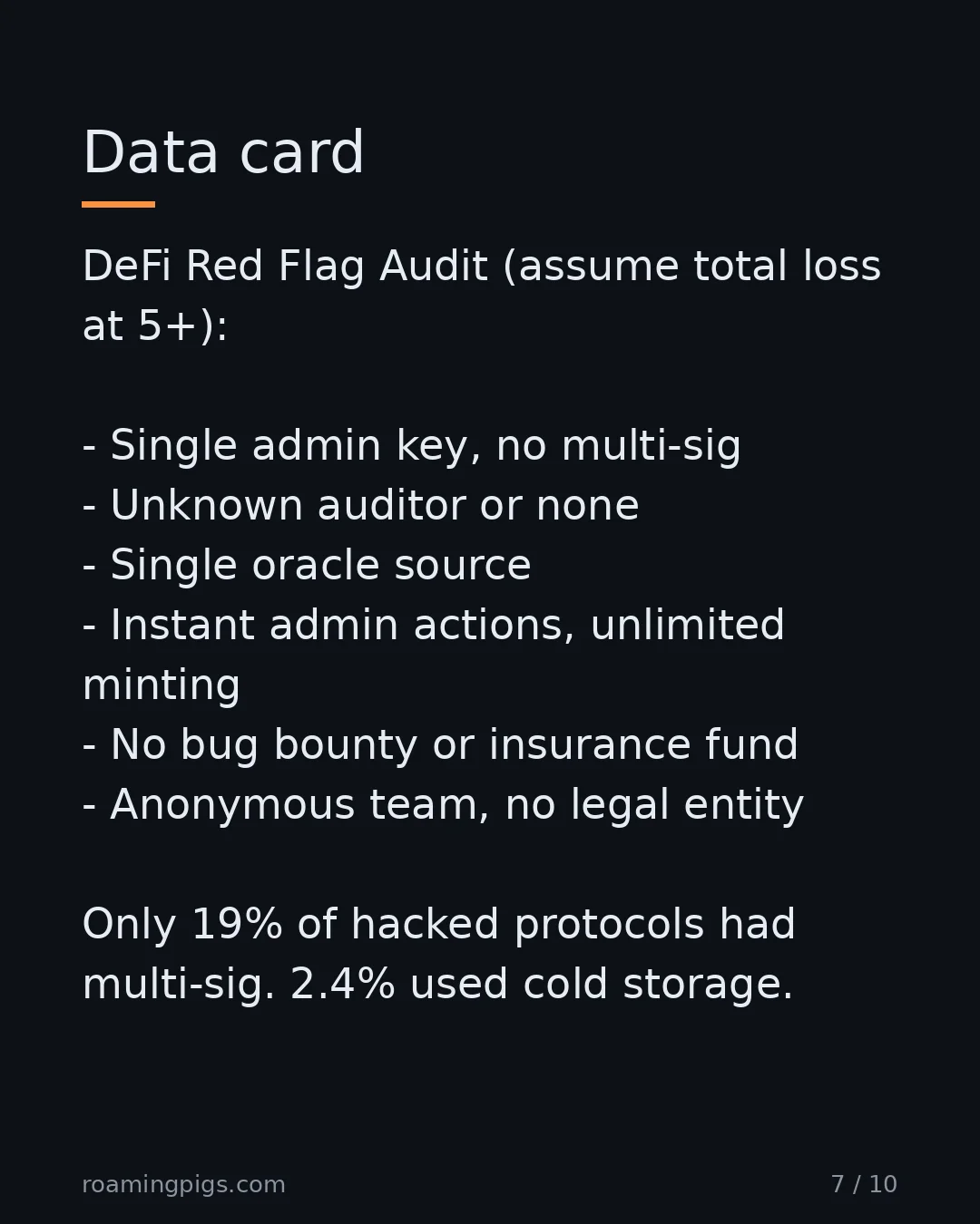 Slide 7 of 10: Data card. DeFi Red Flag Audit (assume total loss at 5+): Single admin key, no multi-sig Unknown auditor or none Single oracle source…