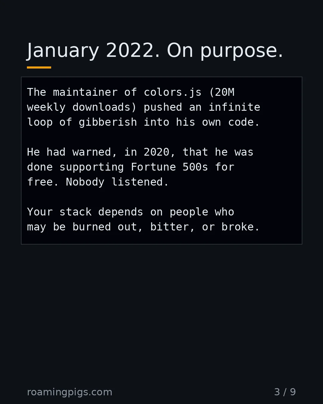 Slide 3 of 9: January 2022. On purpose.. Code example