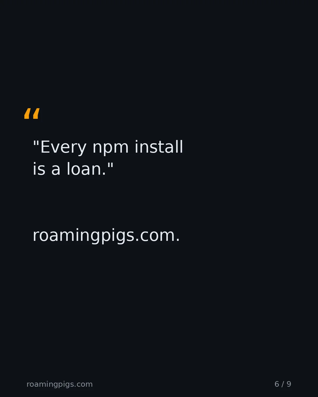 Slide 6 of 9: Quote: "Every npm install is a loan." roamingpigs.com