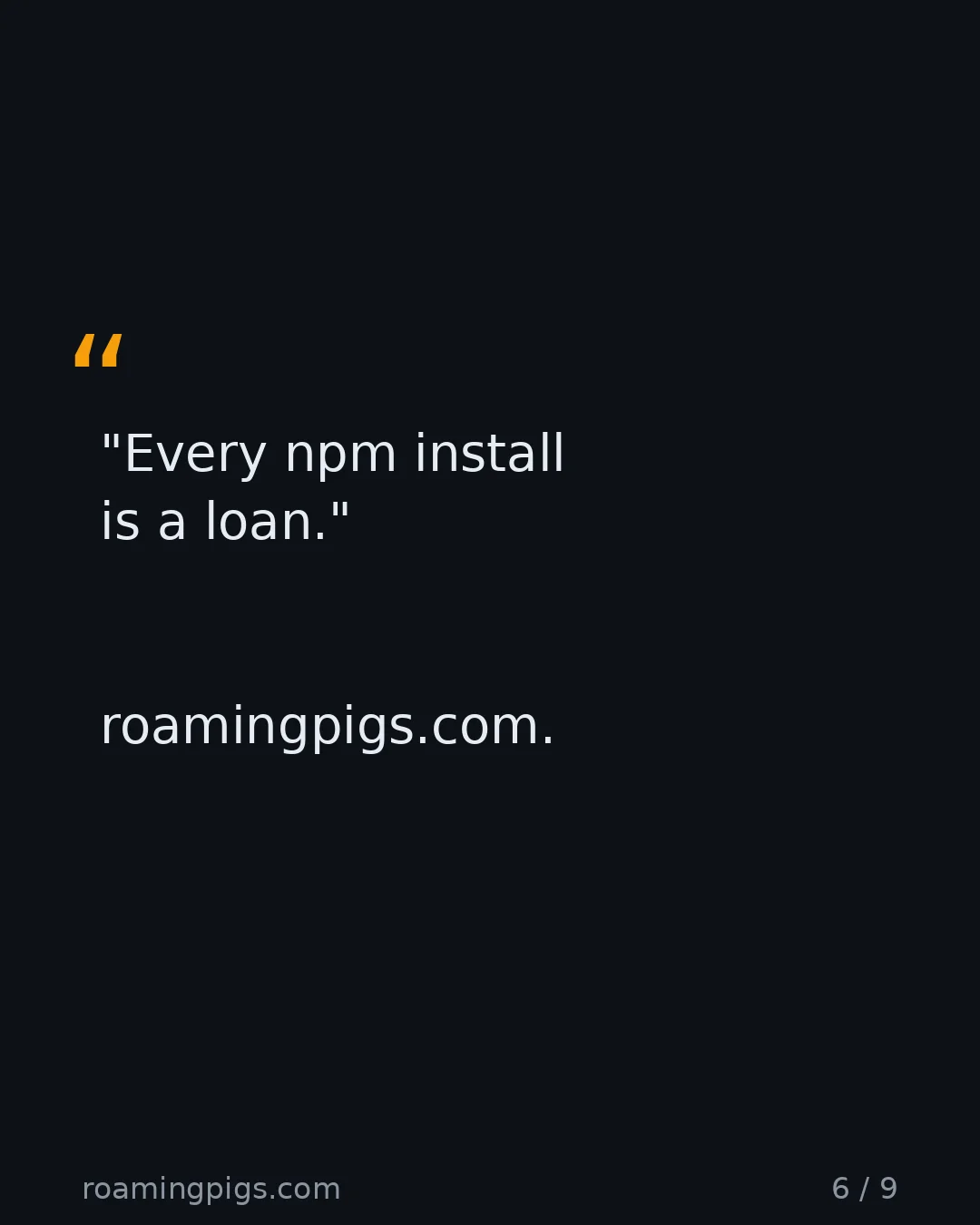 Slide 6 of 9: Quote: "Every npm install is a loan." roamingpigs.com