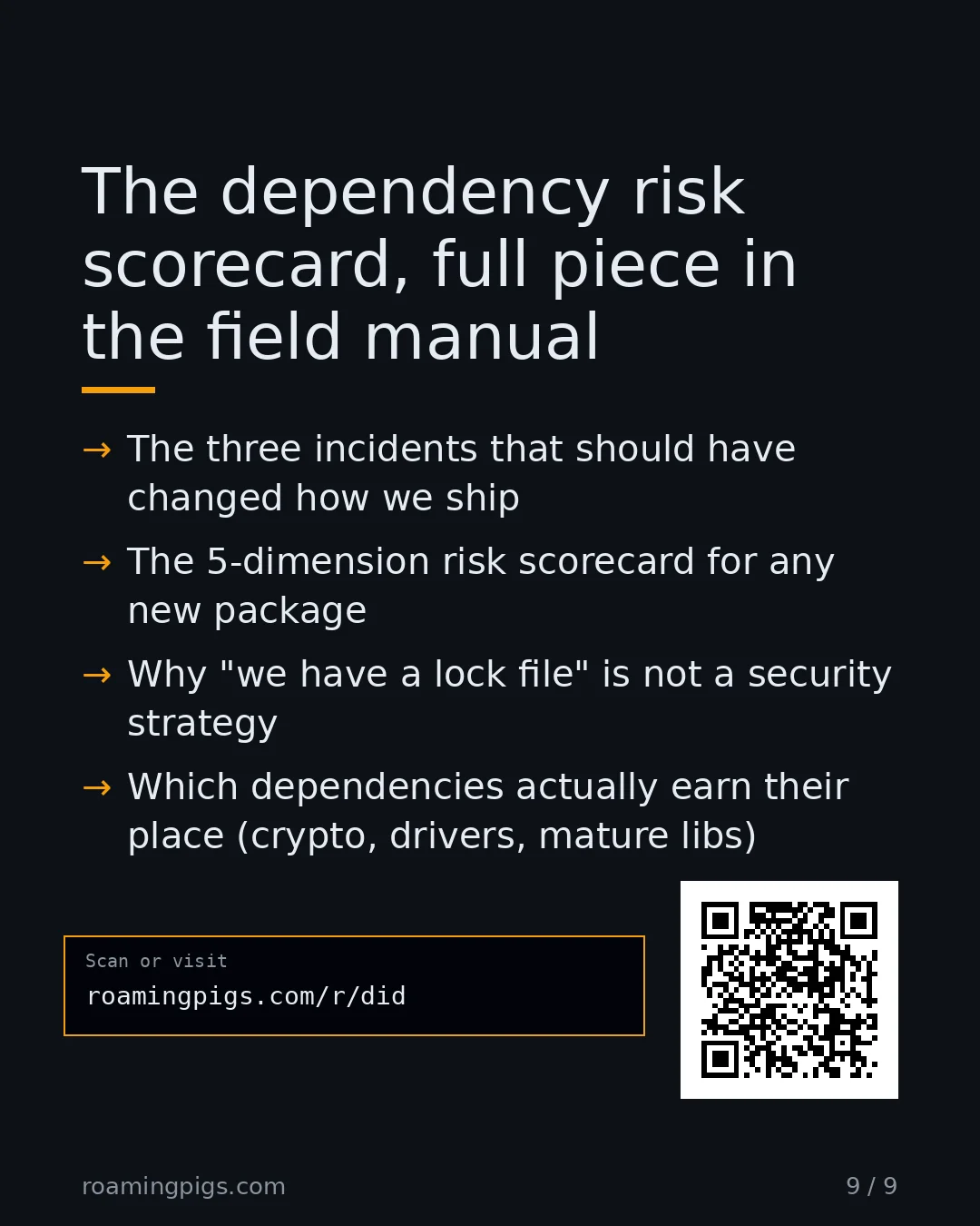 Slide 9 of 9: Call to action: The three incidents behind it The 5-dimension risk scorecard Why a lock file is not a security strategy rpigs.com/did Link:…