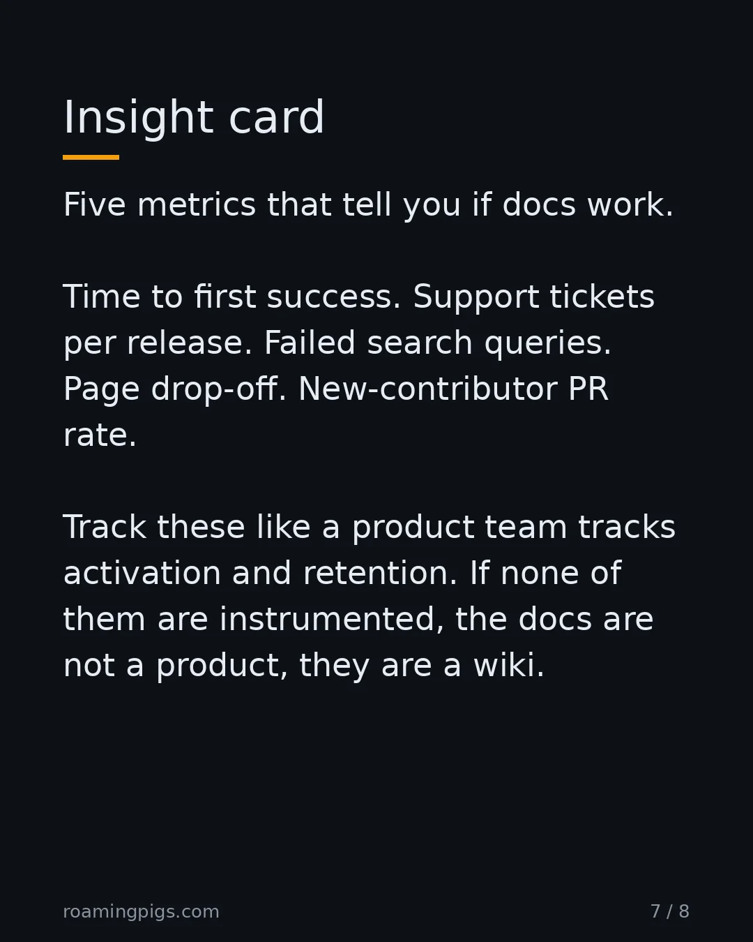 Slide 7 of 8: Insight card. Five metrics that tell you if docs work. Time to first success. Support tickets per release. Failed search queries. Page…