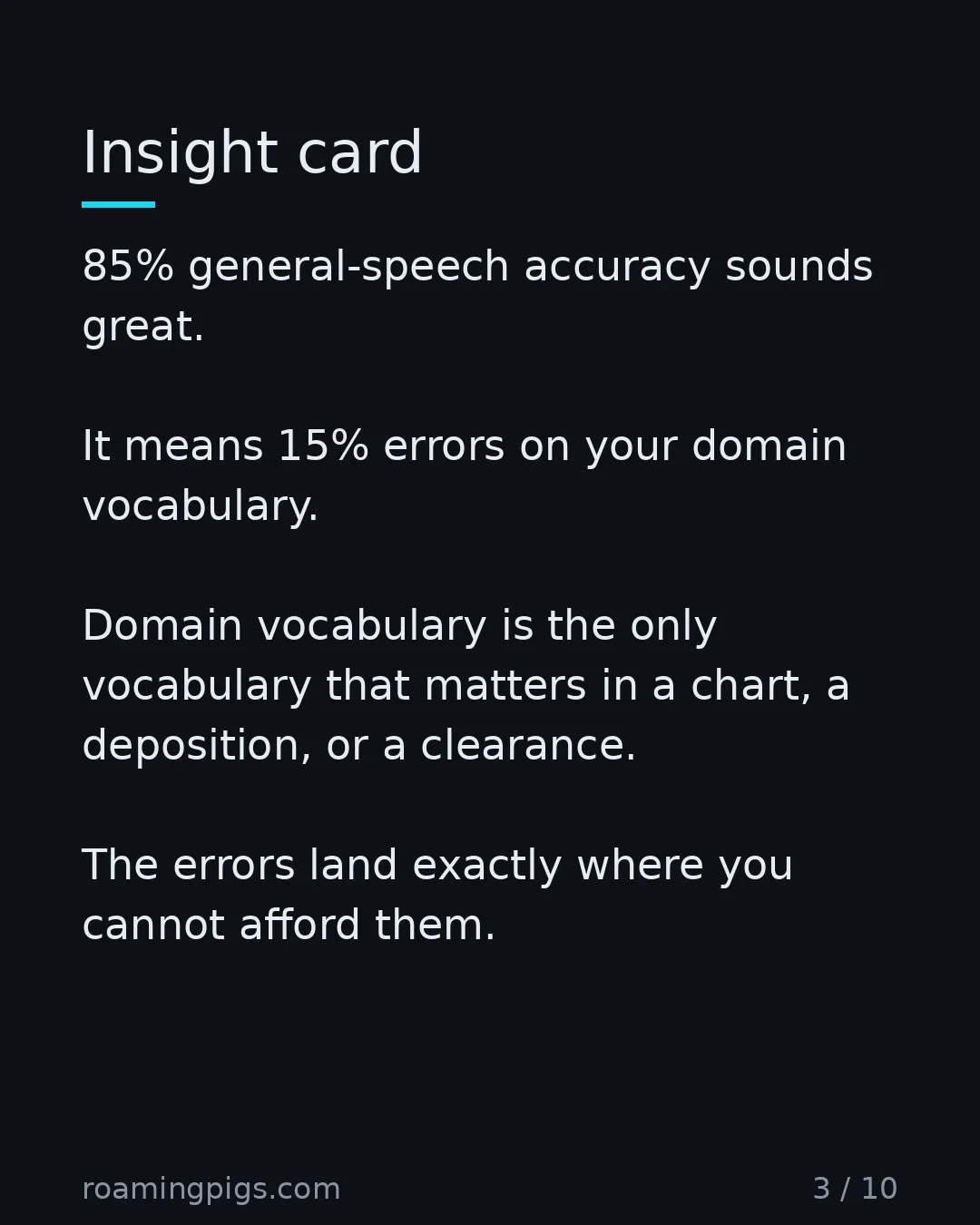 Slide 3 of 10: Insight card. 85% general-speech accuracy sounds great. It means 15% errors on your domain vocabulary. Domain vocabulary is the only…