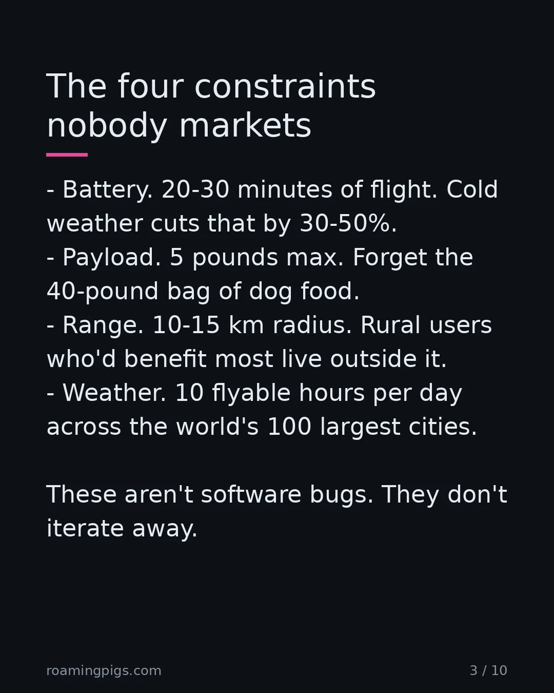 Slide 3 of 10: The four constraints nobody markets. Battery. 20-30 minutes of flight. Cold weather cuts that by 30-50%. Payload. 5 pounds max. Forget the…