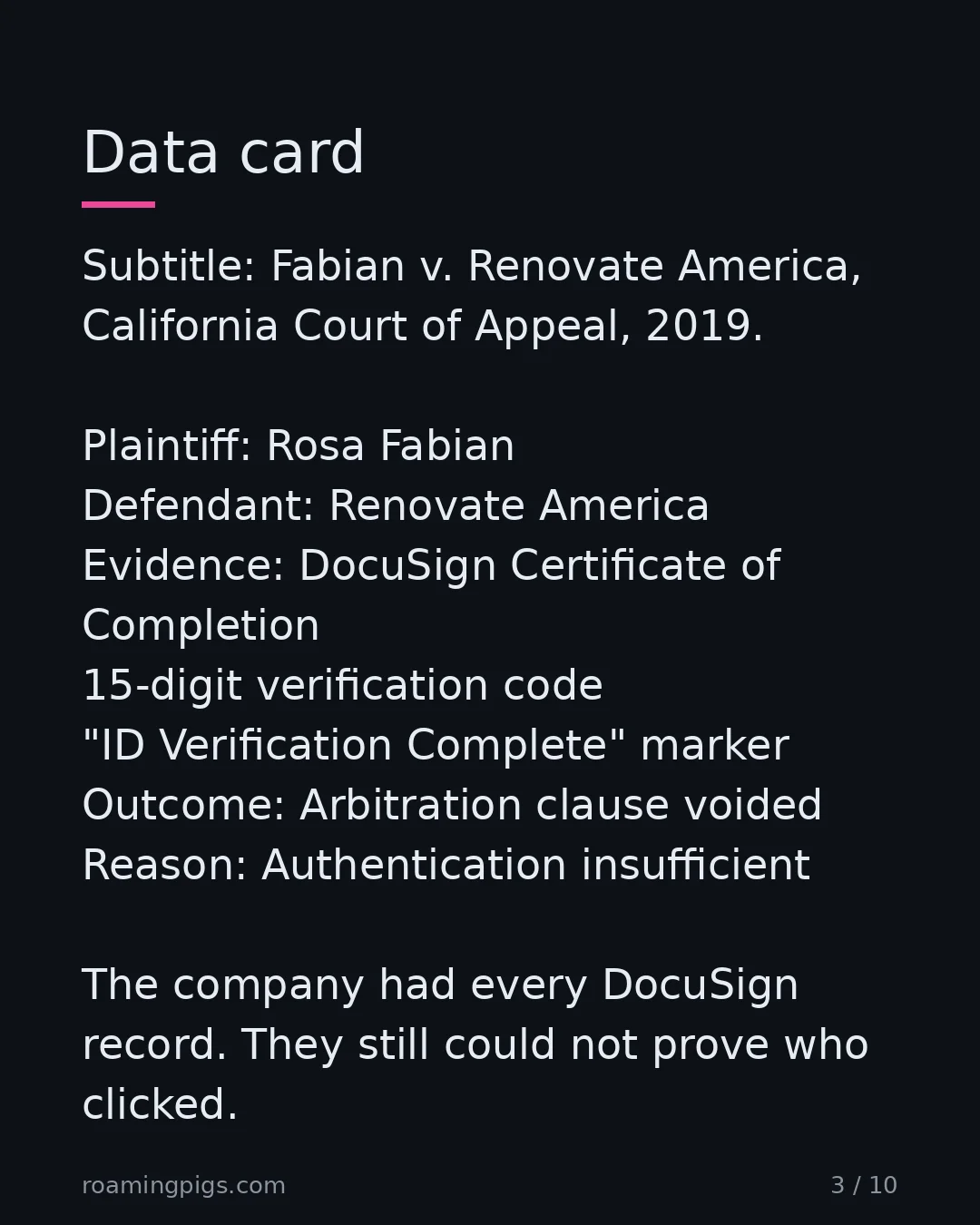 Slide 3 of 10: Fabian v. Renovate America, California Court of Appeal, 2019. Plaintiff: Rosa Fabian Defendant: Renovate America Filed: 15-digit…