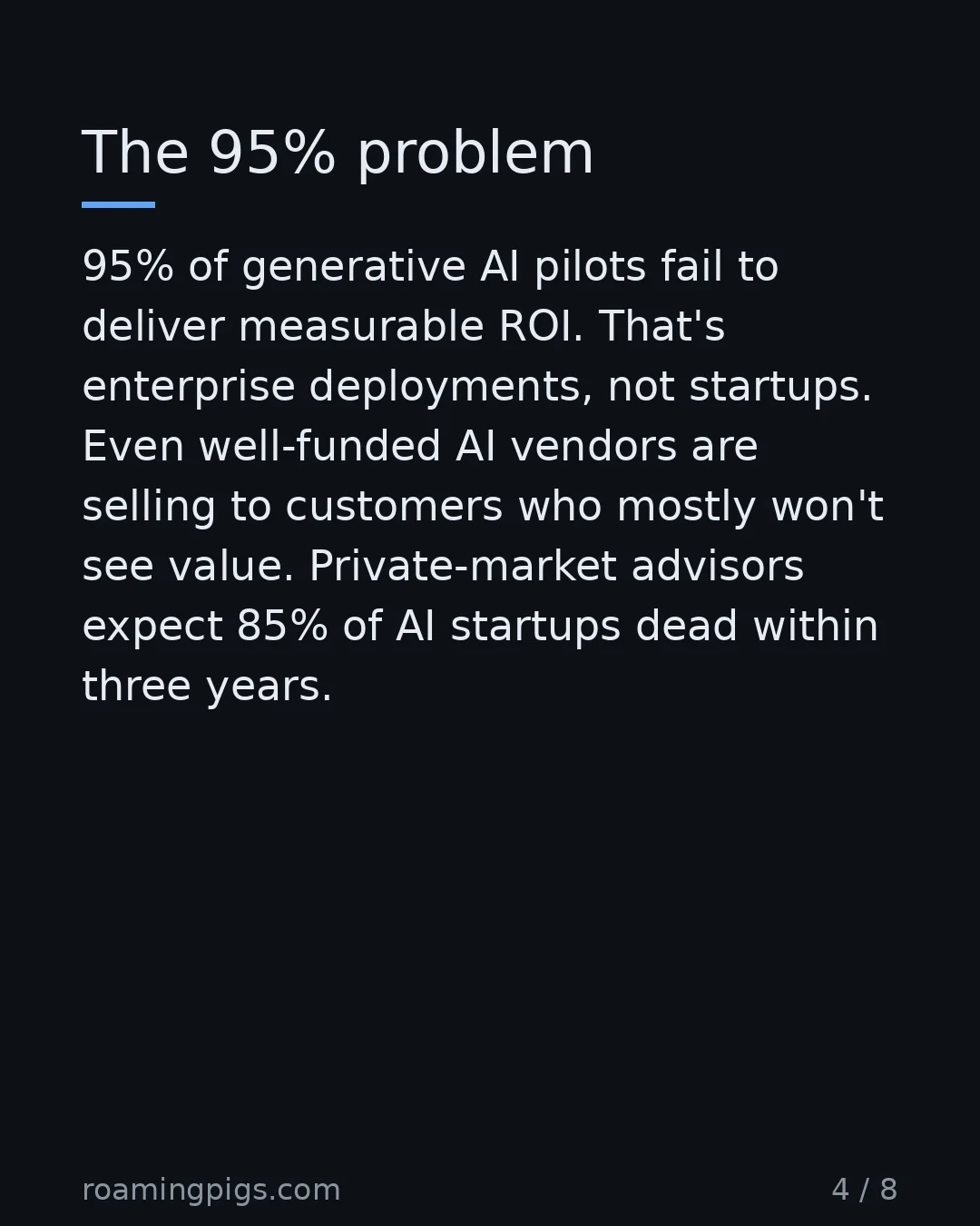 Slide 4 of 8: The 95% problem. 95% of generative AI pilots fail to deliver measurable ROI. That's enterprise deployments, not startups. Even well-funded…