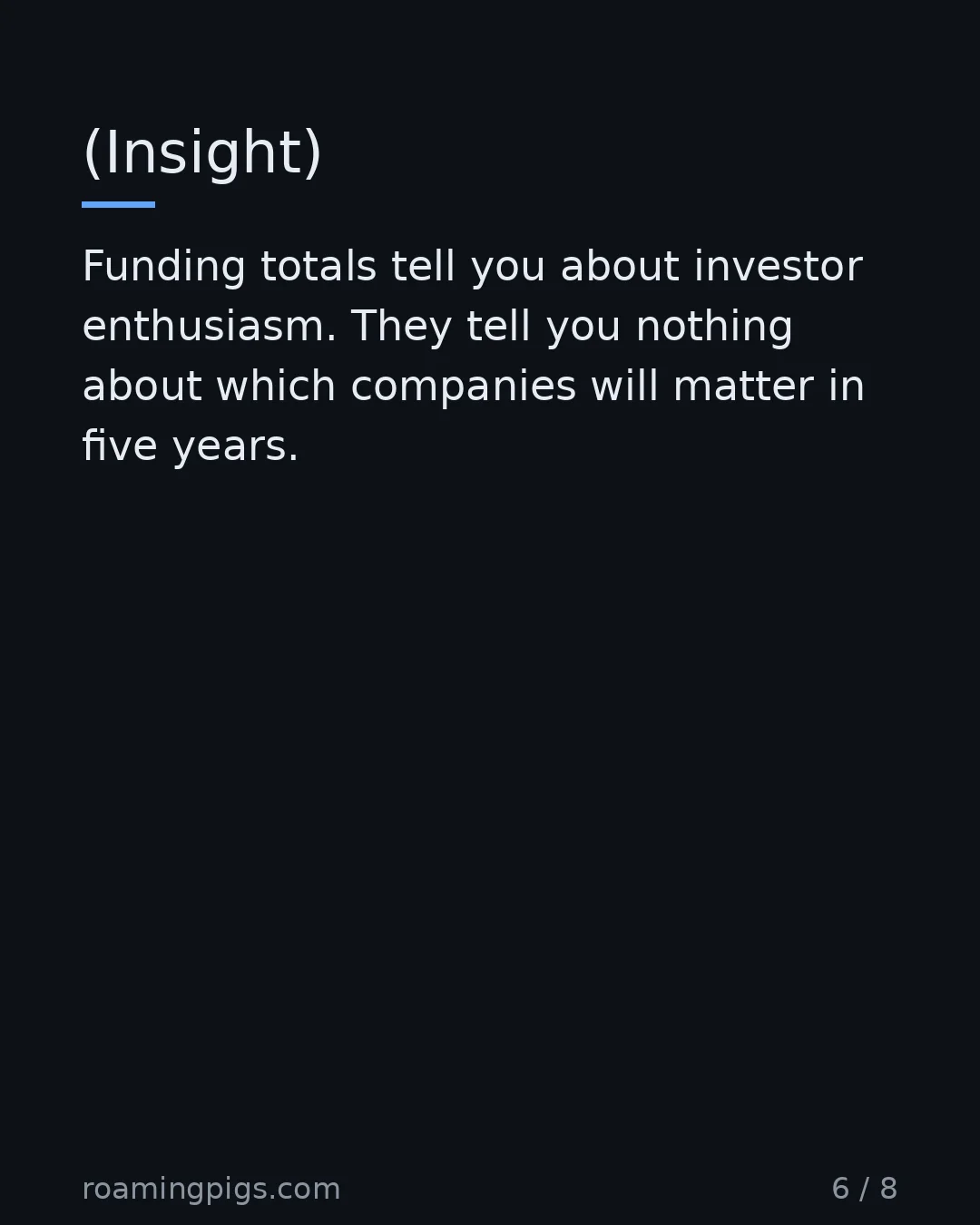 Slide 6 of 8: (Insight). Funding totals tell you about investor enthusiasm. They tell you nothing about which companies will matter in five years