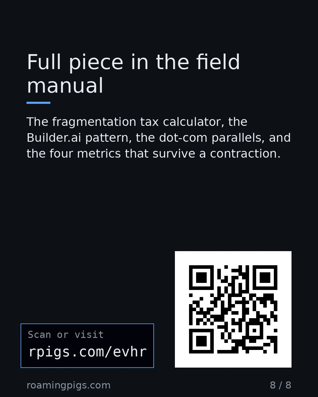 Slide 8 of 8: Call to action: The fragmentation tax calculator, the Builder.ai pattern, the dot-com parallels, and the four metrics that survive a…