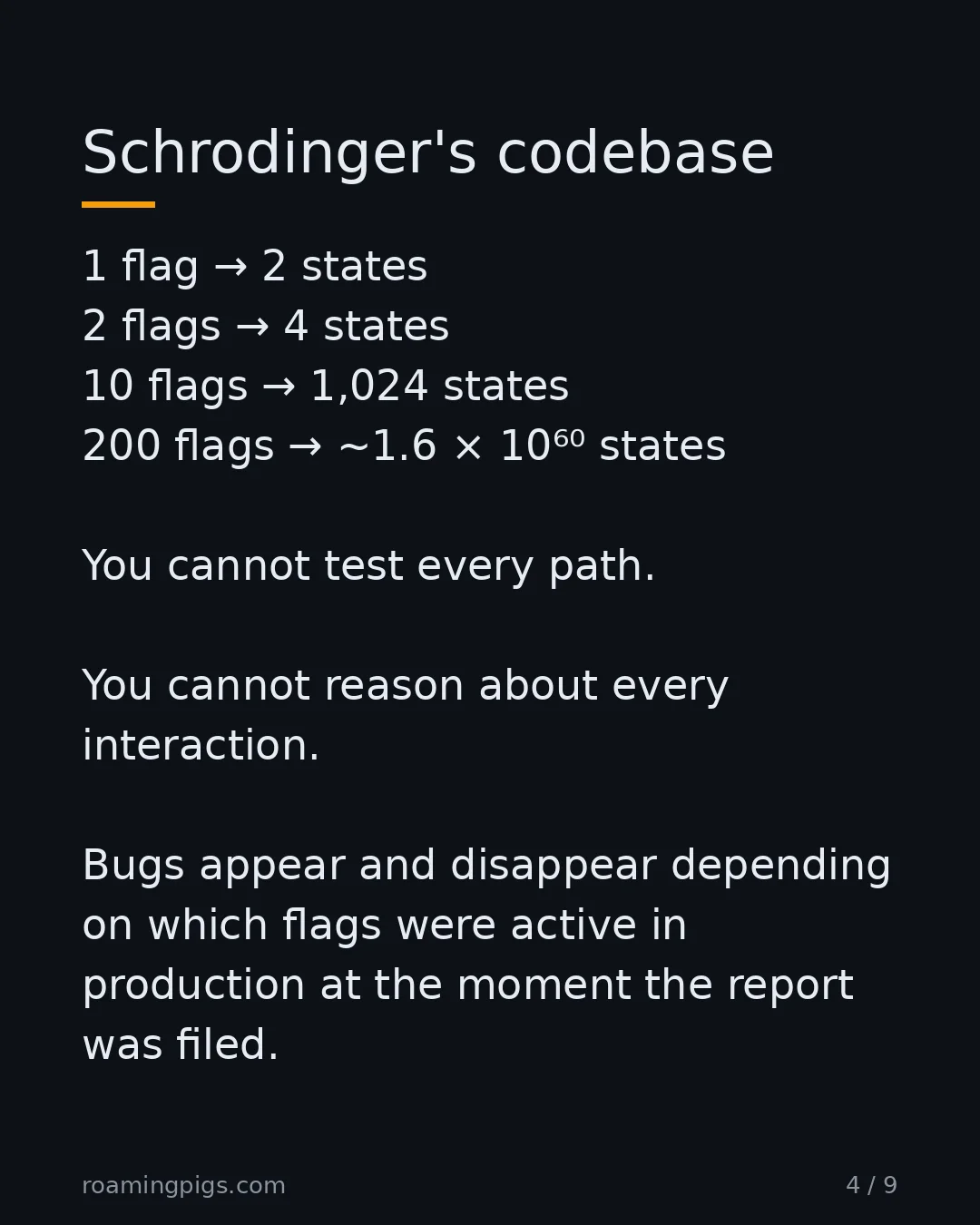 Slide 4 of 9: Why you can't reason about a flag-heavy system. 1 flag → 2 states 2 flags → 4 states 10 flags → 1,024 states 200 flags → ~1.6 × 10⁶⁰ states…
