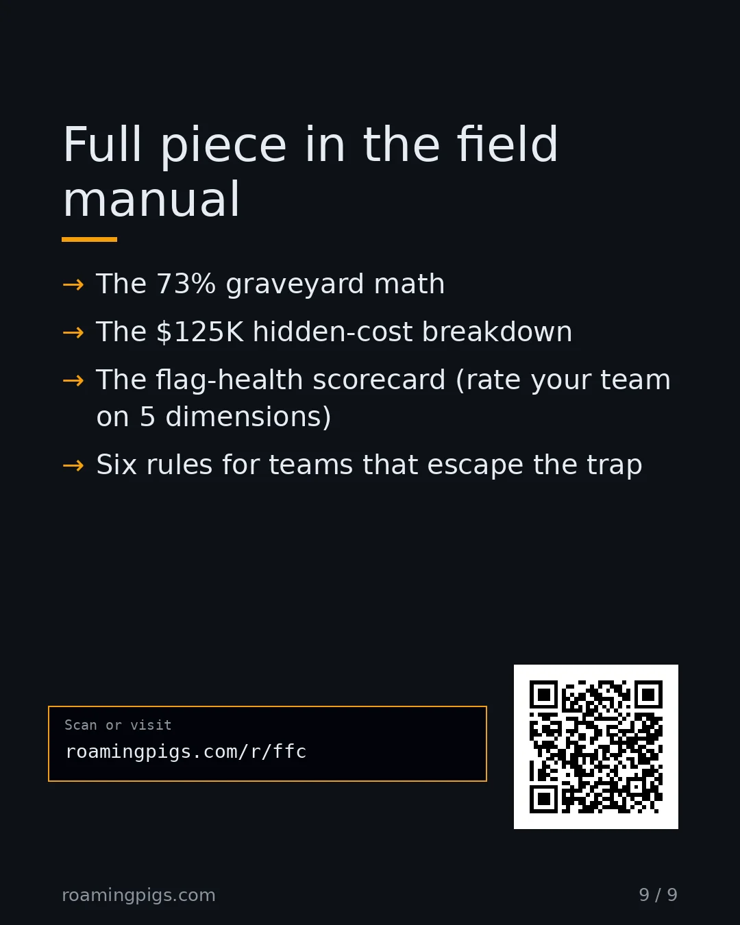 Slide 9 of 9: Call to action: The 73% graveyard math The $125K hidden-cost breakdown The flag-health scorecard (rate your team on 5 dimensions) Six rules…