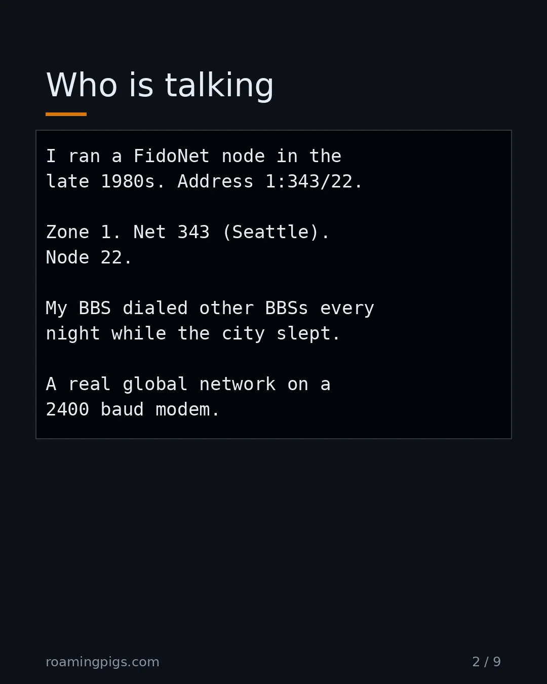 Slide 2 of 9: Who is talking. Code example