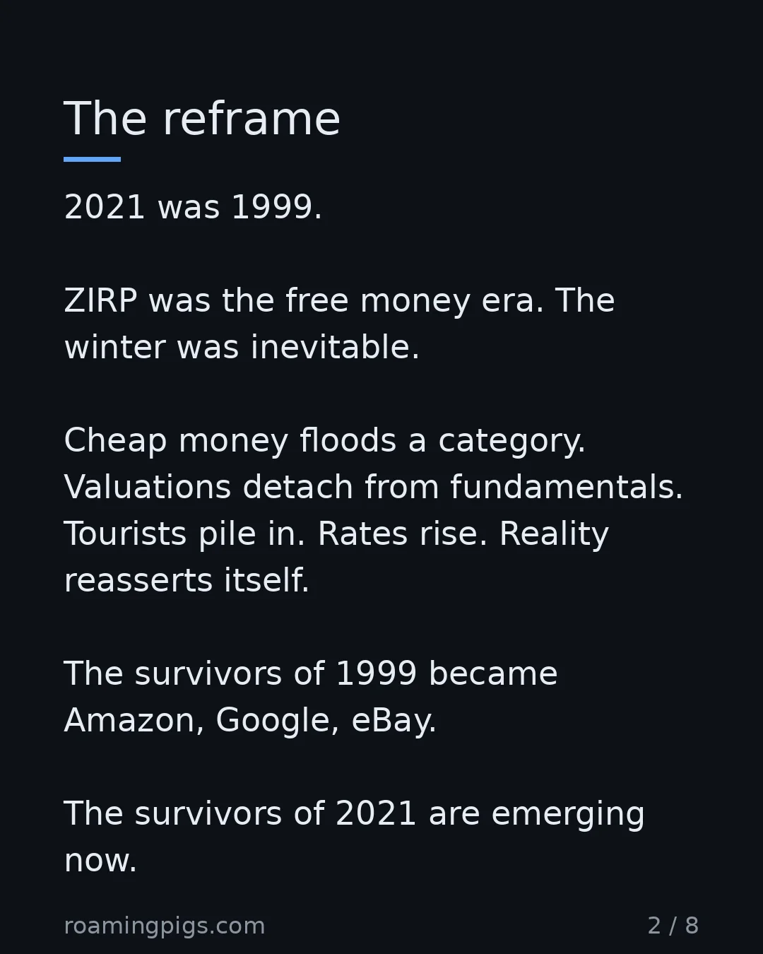 Slide 2 of 8: The reframe. 2021 was 1999. ZIRP was the free money era. The winter was inevitable. Cheap money floods a category. Valuations detach from…