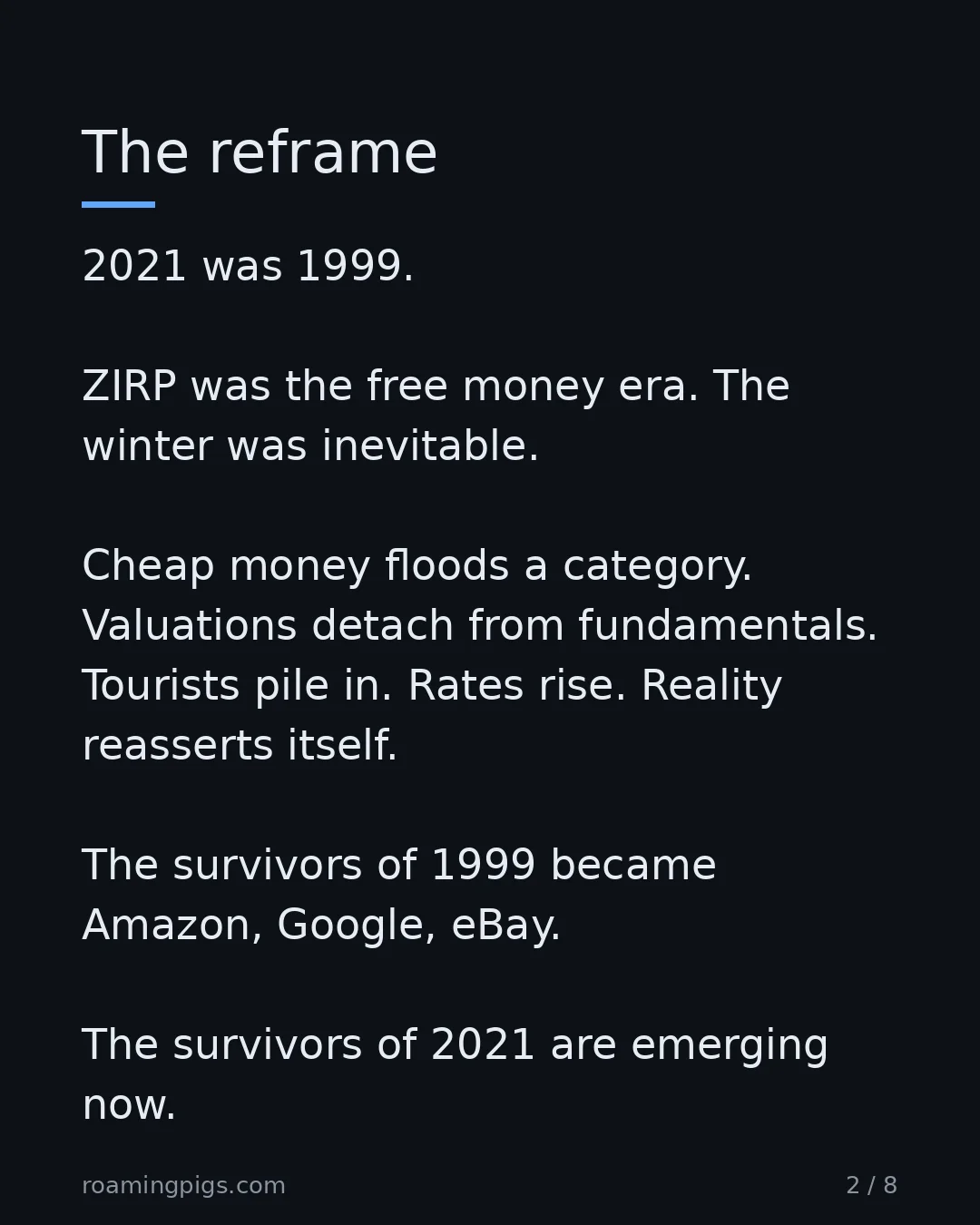 Slide 2 of 8: The reframe. 2021 was 1999. ZIRP was the free money era. The winter was inevitable. Cheap money floods a category. Valuations detach from…