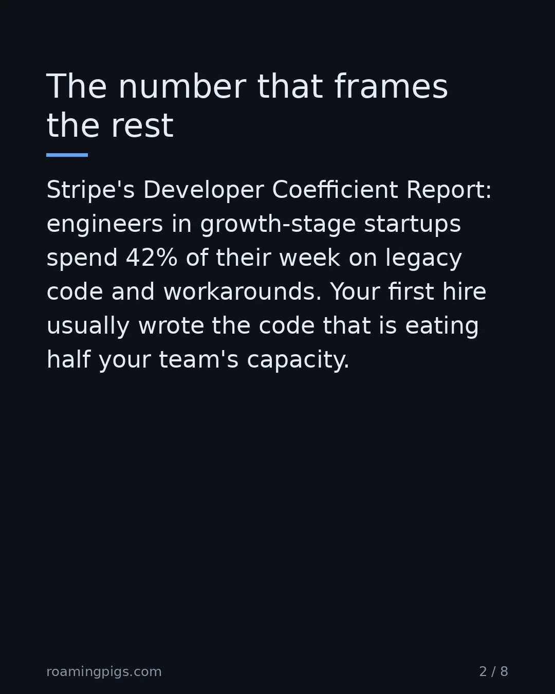Slide 2 of 8: The number that frames the rest. Stripe's Developer Coefficient Report: the average developer loses 42% of the week to technical debt and…