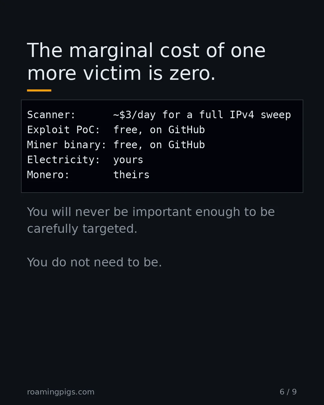 Slide 6 of 9: The marginal cost of one more victim is zero.. Code example. You will rarely be important enough to be carefully targeted, and you do not…