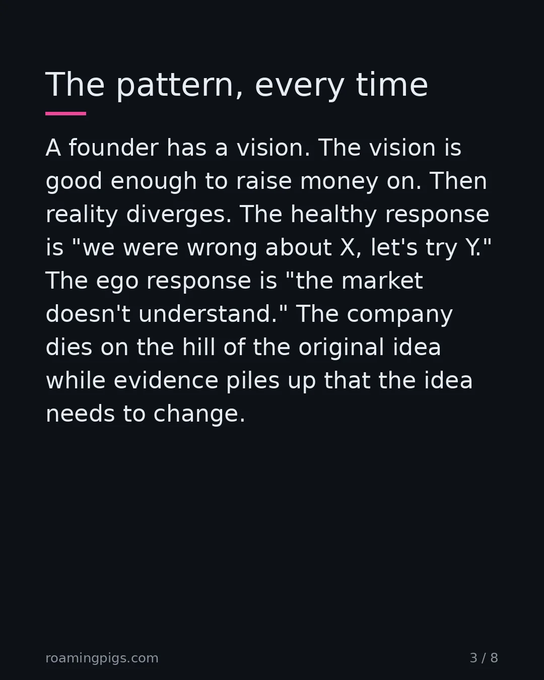 Slide 3 of 8: The pattern, every time. A founder has a vision. The vision is good enough to raise money on. Then reality diverges. The healthy response…
