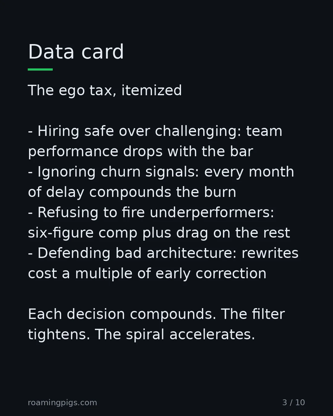 Slide 3 of 10: Data card. The ego tax, itemized Hiring safe over challenging: team performance drops with the bar Ignoring churn signals: every month of…