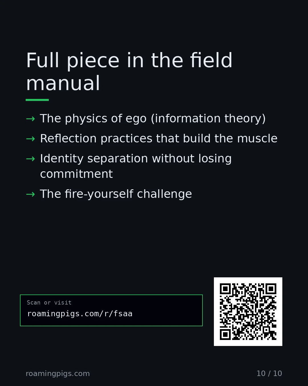 Slide 10 of 10: Call to action: The Founder Self-Awareness Advantage The physics of ego (information theory) Reflection practices that build the muscle…