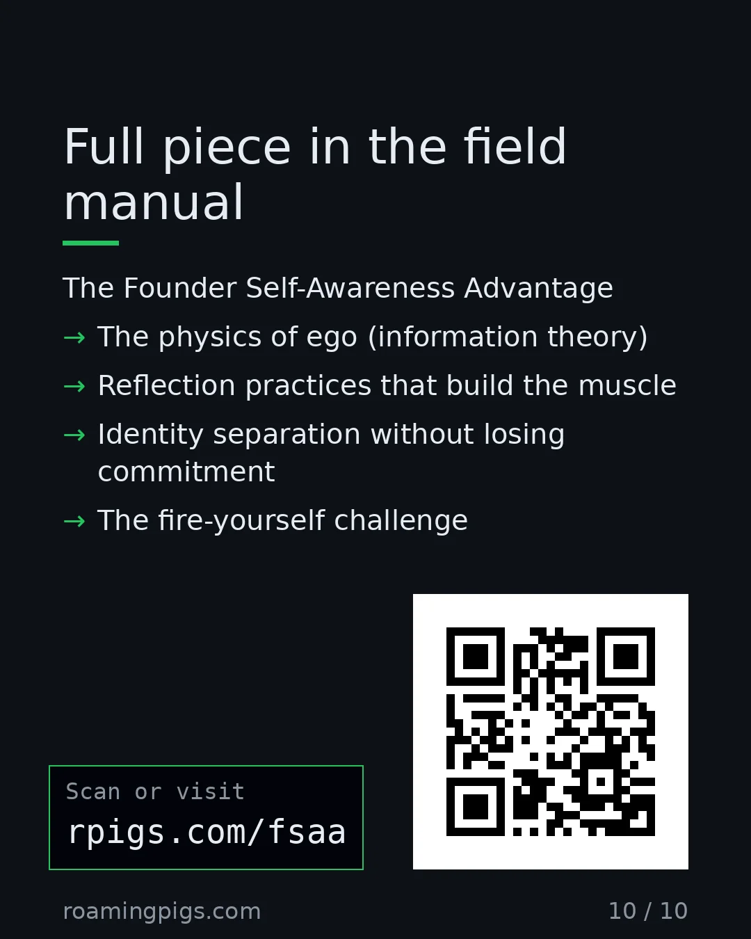 Slide 10 of 10: Call to action: The Founder Self-Awareness Advantage The physics of ego (information theory) Reflection practices that build the muscle…