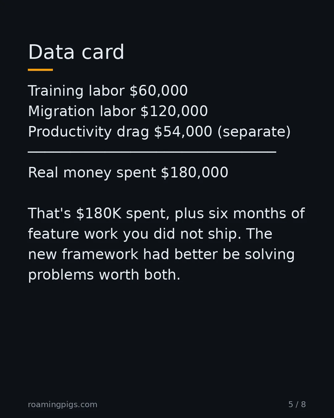 Slide 5 of 8: Switching-cost math, 5 devs, 4 weeks training, 8 weeks migration, $3K/wk. Training labor $60,000 Migration labor $120,000 Productivity drag…