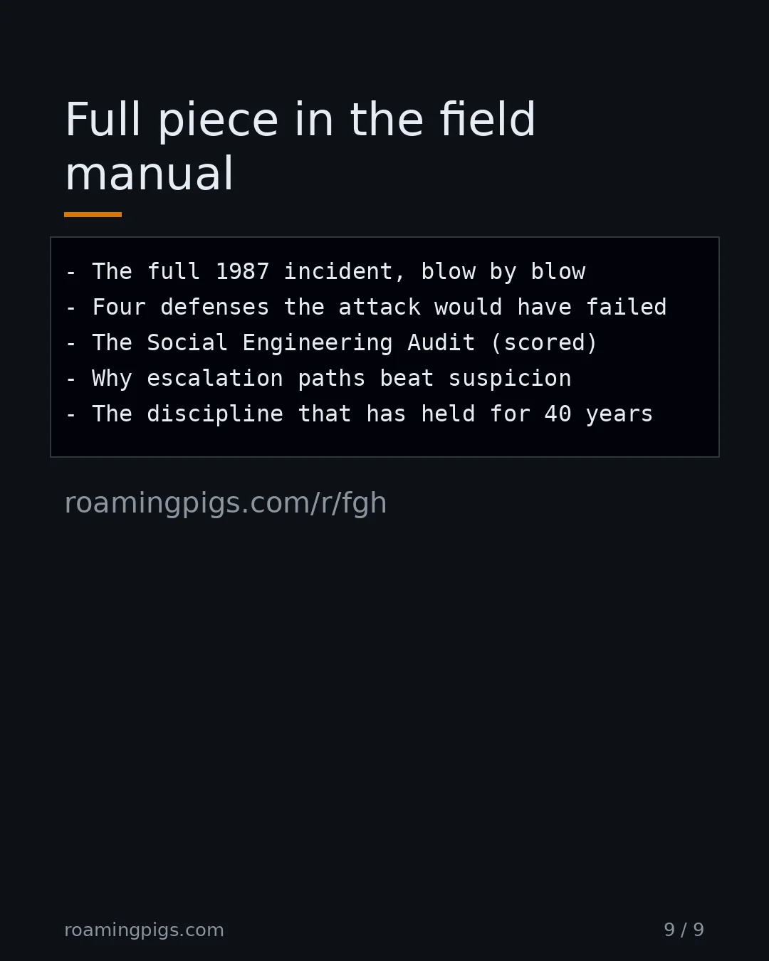 Slide 9 of 9: Full piece in the field manual. Code example. roamingpigs.com/r/fgh