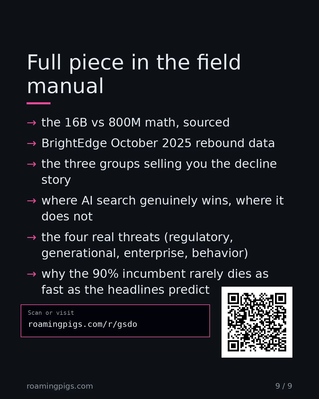 Slide 9 of 9: Call to action: the 14B vs 600M math, sourced BrightEdge October 2025 rebound data the three groups selling you the decline story where AI…
