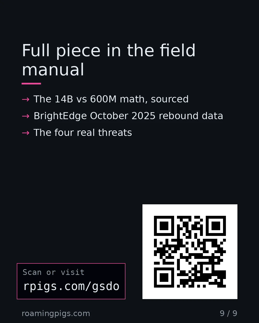 Slide 9 of 9: Call to action: The 14B vs 600M math, sourced BrightEdge October 2025 rebound data The four real threats rpigs.com/gsdo Link: rpigs.com/gsdo