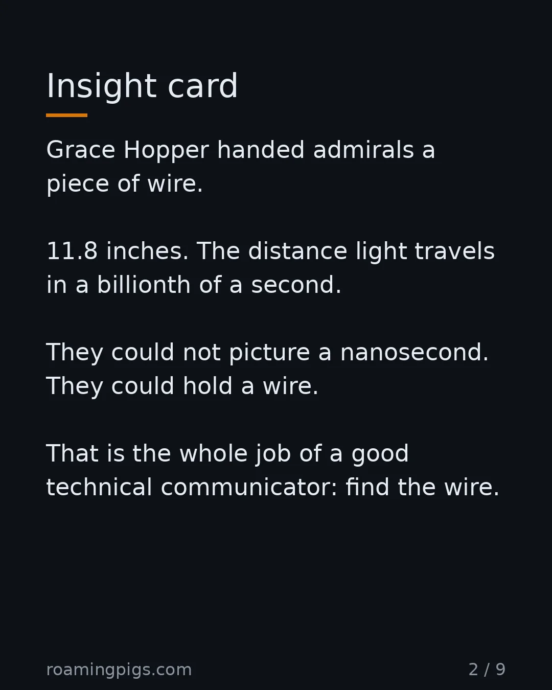 Slide 2 of 9: The 11.8-inch wire that taught admirals what a nanosecond is. Grace Hopper handed admirals a piece of wire. 11.8 inches. The distance light…
