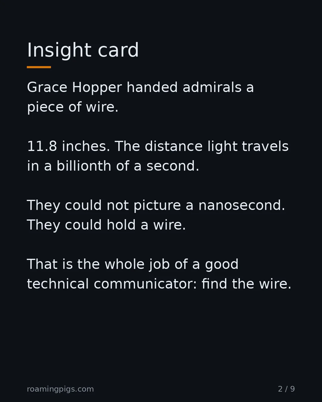 Slide 2 of 9: The 11.8-inch wire that taught admirals what a nanosecond is. Grace Hopper handed admirals a piece of wire. 11.8 inches. The distance light…