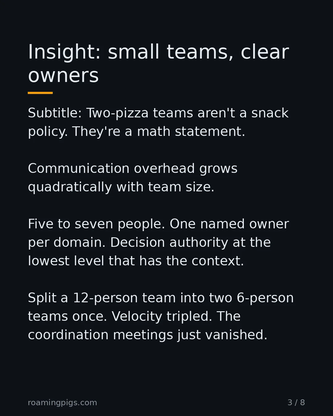 Slide 3 of 8: Two-pizza teams aren't a snack policy. They're a math statement. Communication overhead grows quadratically with team size. Five to seven…