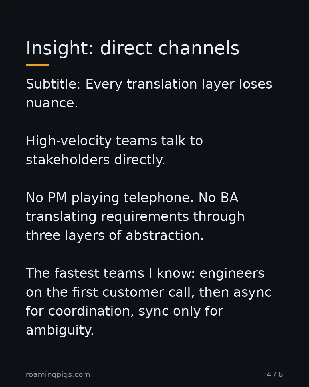 Slide 4 of 8: Every translation layer loses nuance. High-velocity teams talk to stakeholders directly. No PM playing telephone. No BA translating…