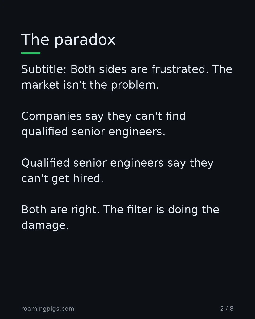 Slide 2 of 8: Both sides are frustrated. The market isn't the problem. Companies say they can't find qualified senior engineers. Qualified senior…