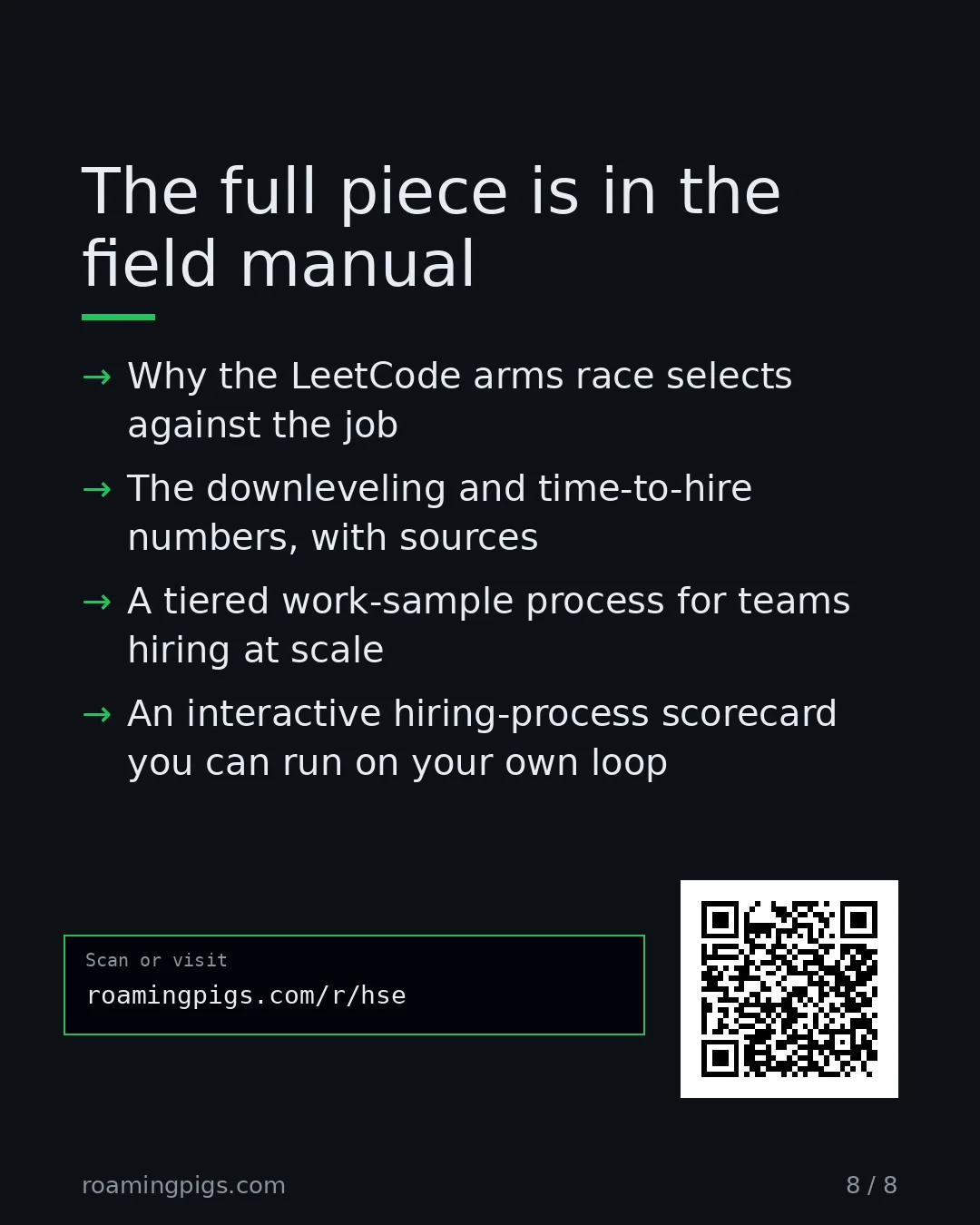 Slide 8 of 8: Call to action: Why the LeetCode arms race selects against the job The downleveling and time-to-hire numbers, with sources A tiered…