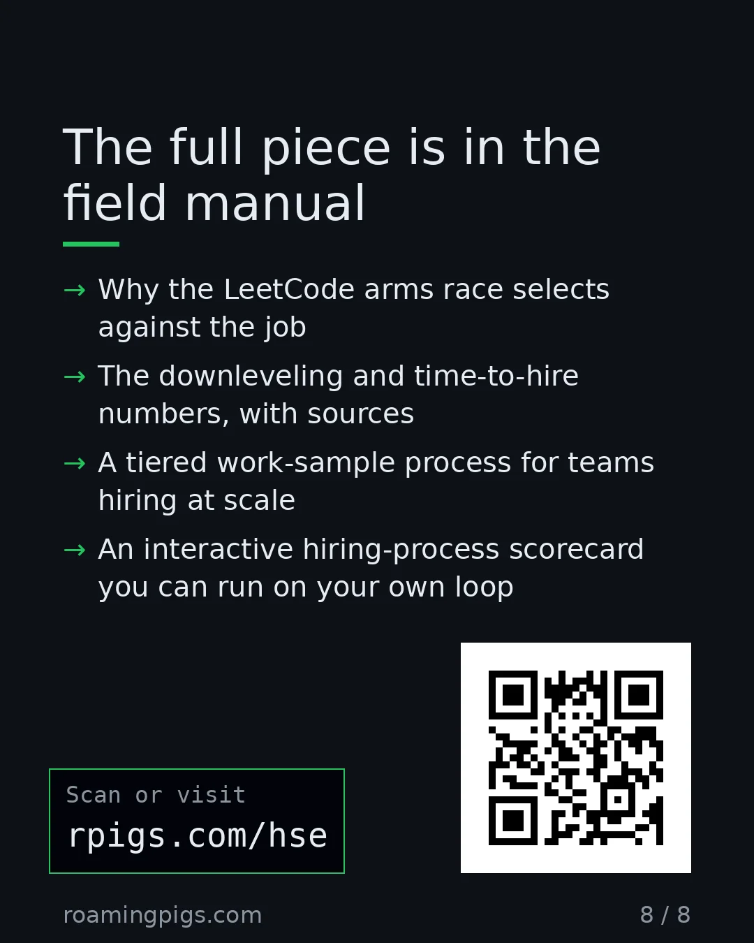 Slide 8 of 8: Call to action: Why the LeetCode arms race selects against the job The downleveling and time-to-hire numbers, with sources A tiered…
