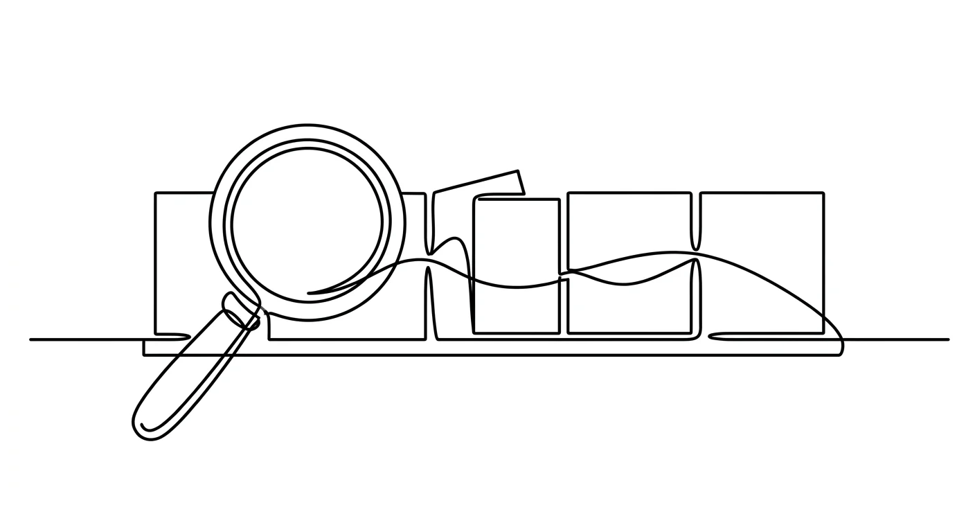 Single continuous line drawing of a magnifying glass sweeping across a row of boxes on a shelf, with one box set back behind the others