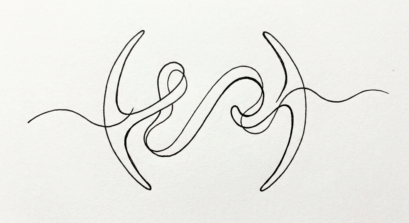 Single-line ink drawing of a looping line that doubles back on itself between two curved brackets
