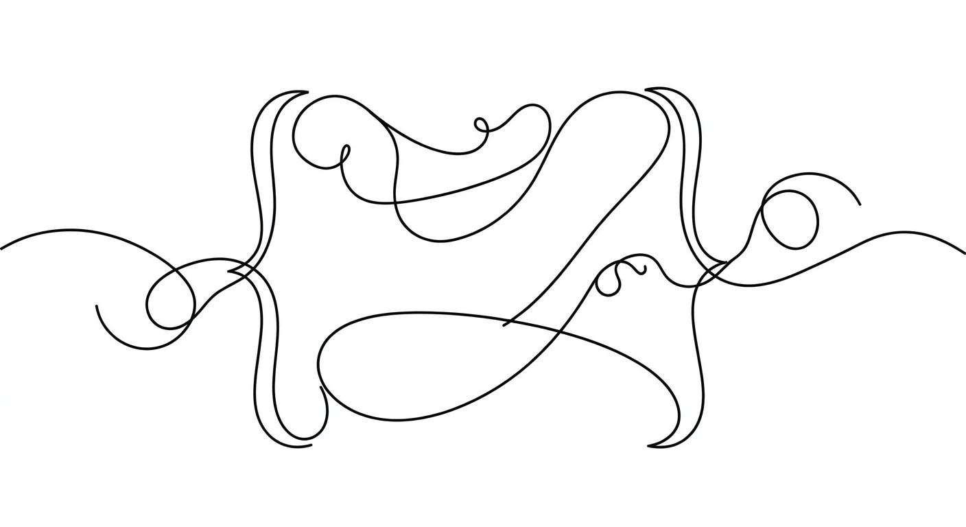 Single continuous ink line looping and doubling back between two curved brackets