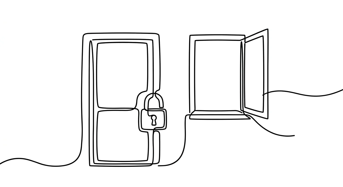 Single continuous line drawing of a padlocked front door next to an open, unlocked window in the same wall