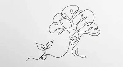Single continuous ink line drawing a seedling beside a full tree