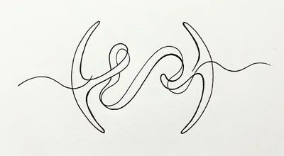 Single-line ink drawing of a looping line that doubles back on itself between two curved brackets