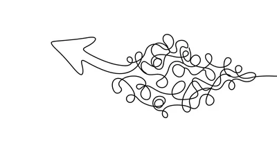 Single continuous line drawing of a tangled knot of loops that straightens out into one arrow