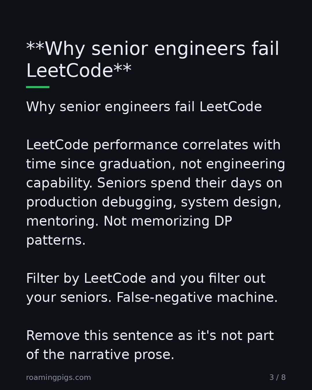 Slide 3 of 8: Why senior engineers fail LeetCode. Why senior engineers fail LeetCode LeetCode performance correlates with time since graduation, not…