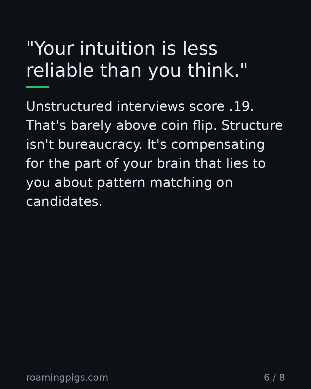 Slide 6 of 8: "Your intuition is less reliable than you think.". Unstructured interviews score .19. That's barely above coin flip. Structure isn't…