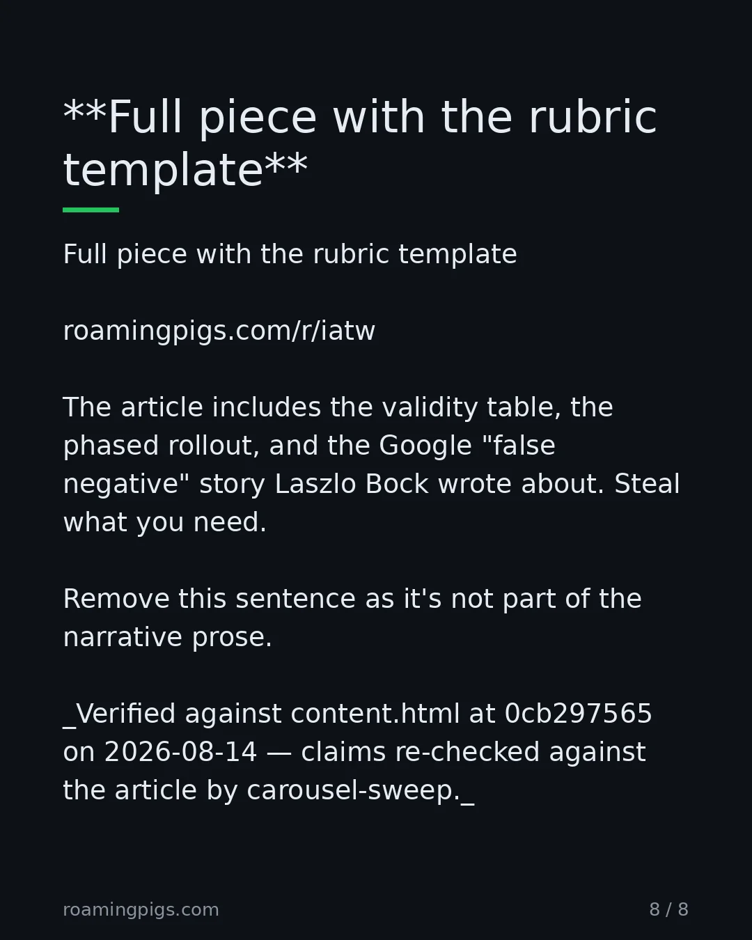 Slide 8 of 8: Full piece with the rubric template. Full piece with the rubric template roamingpigs.com/r/iatw The article includes the validity table,…