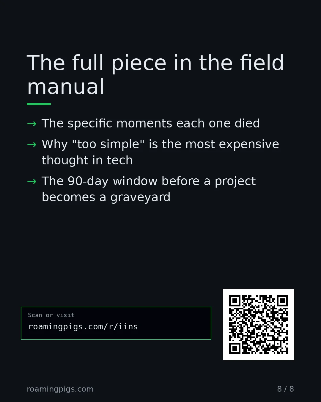 Slide 8 of 8: Call to action: Six prototypes. Six billion-dollar lessons. One ship-or-kill timer you can run on your own project right now. The specific…