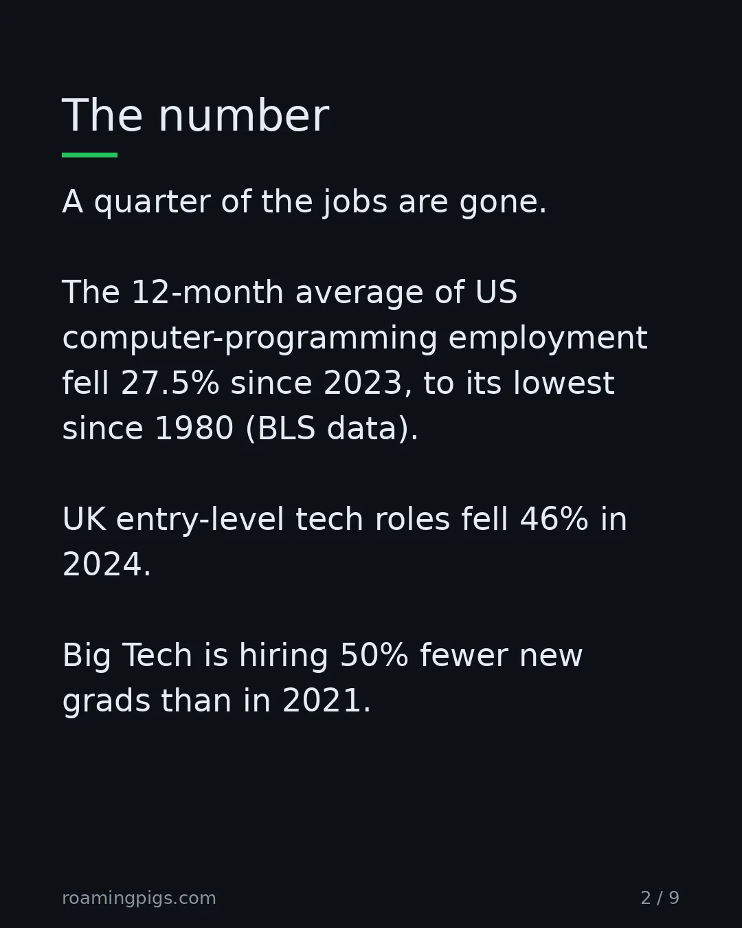 Slide 2 of 9: US computer-programming employment, 12-month average, since 2023. A quarter of the jobs are gone. The 12-month average of US…