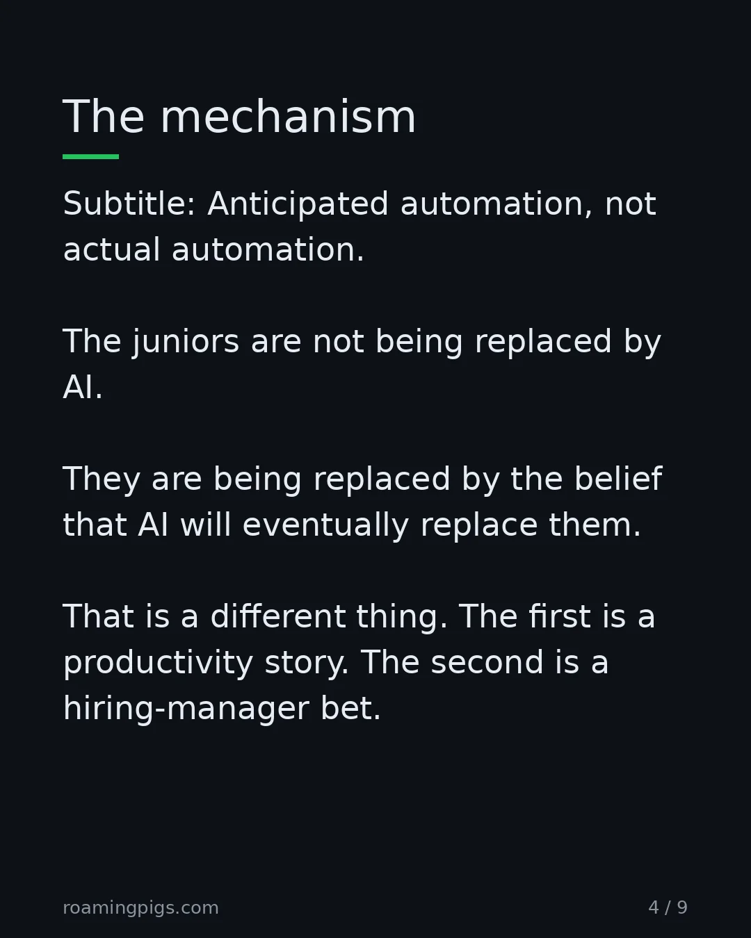 Slide 4 of 9: Anticipated automation, not actual automation. The juniors are not being replaced by AI. They are being replaced by the belief that AI will…